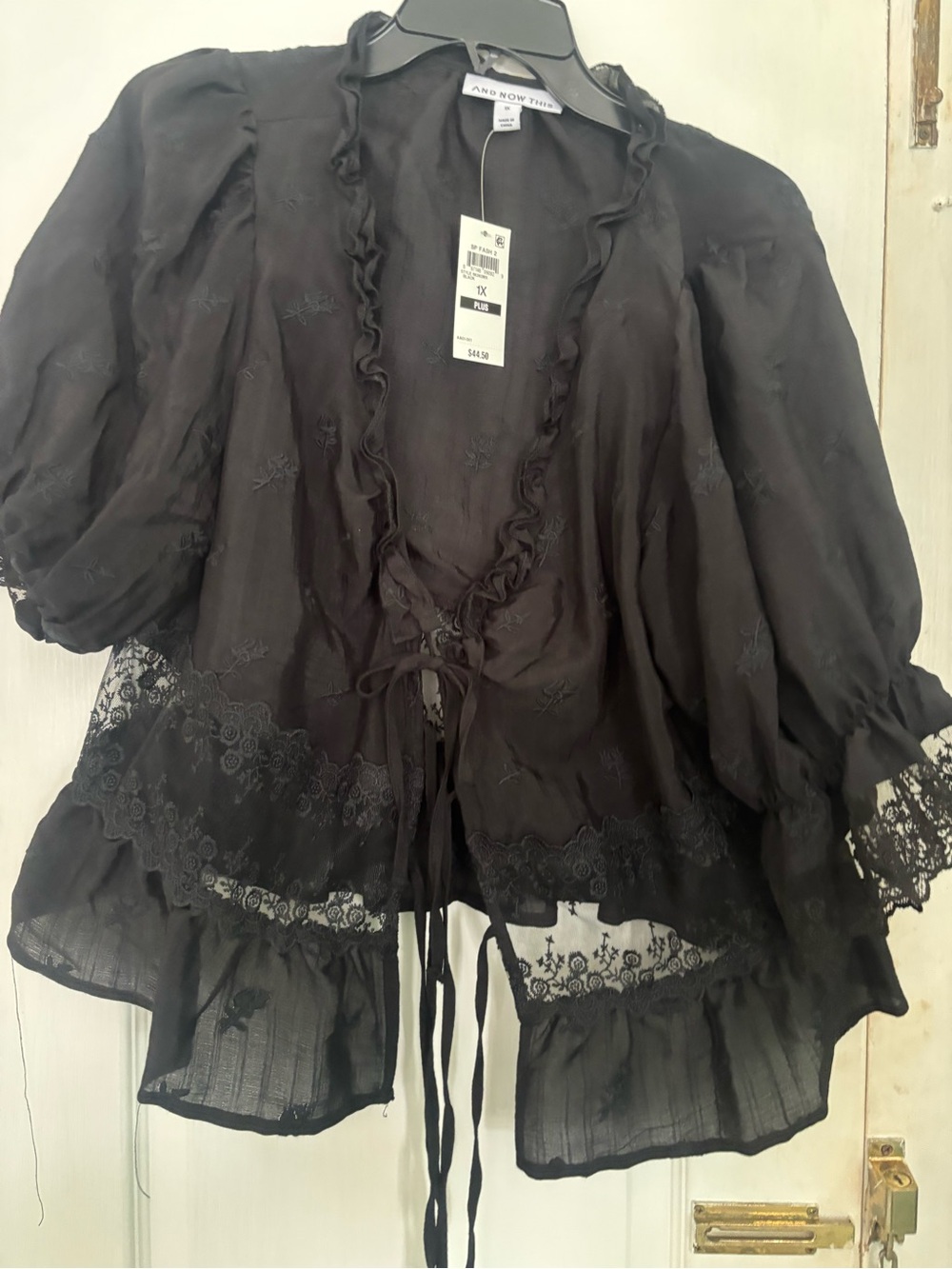 And Now This Black Lace-Trim Ruffle Tie-Front Blouse